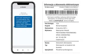 Na ekranie telefonu widoczna jest wiadomość z e-zdrowia o skierowaniu na poradnię kardiologiczną. Czy dermatolog jest na NFZ? Sprawdź na pacjent.gov.pl.