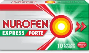 Opakowanie Nurofen Express Forte, 10 kapsułek miękkich. Szybka ulga w bólu.