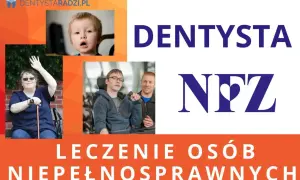 Nowy zjazd stomatologia NFZ: leczenie osób niepełnosprawnych. Uśmiechnięta kobieta z laską, chłopiec w wózku, dziecko.