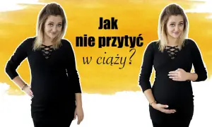 Kobieta w ciąży z pytaniem "Jak nie przytyć w ciąży?". Dwie wersje tej samej kobiety, jedna z ręką na biodrze, druga z dłońmi na brzuchu.