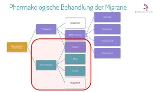 Schemat leczenia migreny: leki, w tym tryptany, stosowane w terapii doraźnej.