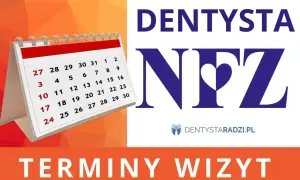 Kalendarz i logo "DENTYSTA NFZ" sugerują terminy wizyt u dentysty na NFZ w Warszawie.