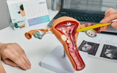 Model macicy z zaznaczonym polipem endometrialnym. Lekarz wyjaśnia pacjentce budowę narządu.
