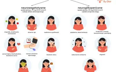 Ilustracja pokazuje objawy spadku cukru: niepokój, drżenie rąk, poty, kołatanie serca, nudności, głód, splątanie, zaburzenia widzenia, drgawki, utratę przytomności.