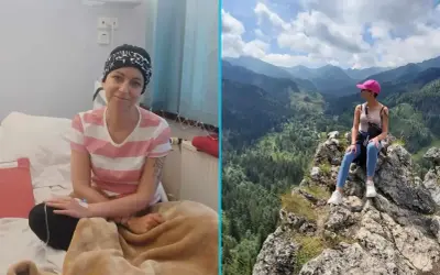 Uśmiechnięta kobieta w szpitalu, walcząca z glejakiem 4 stopnia, i ta sama kobieta ciesząca się życiem w górach.