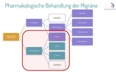 Schemat leczenia migreny: leki, w tym tryptany, stosowane w terapii doraźnej.
