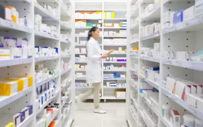 Farmaceutka w białym fartuchu przegląda półki z lekami, szukając informacji o ketrel skutki uboczne.