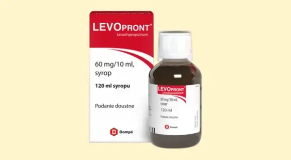 Opakowanie i butelka syropu LevoPront 120 ml. Informacje o dawkowaniu i składzie.