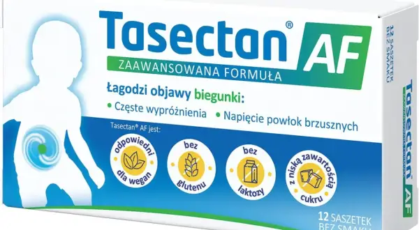 Opakowanie Tasectan AF, 12 saszetek bez smaku, łagodzi objawy biegunki, jest odpowiedni dla wegan, bez glutenu i laktozy.