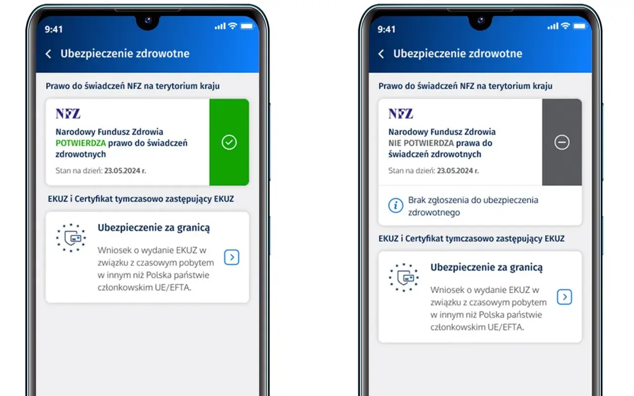Aplikacja mobilna pokazuje, jak sprawdzić czy mam ubezpieczenie zdrowotne. Po lewej potwierdzenie, po prawej brak zgłoszenia.