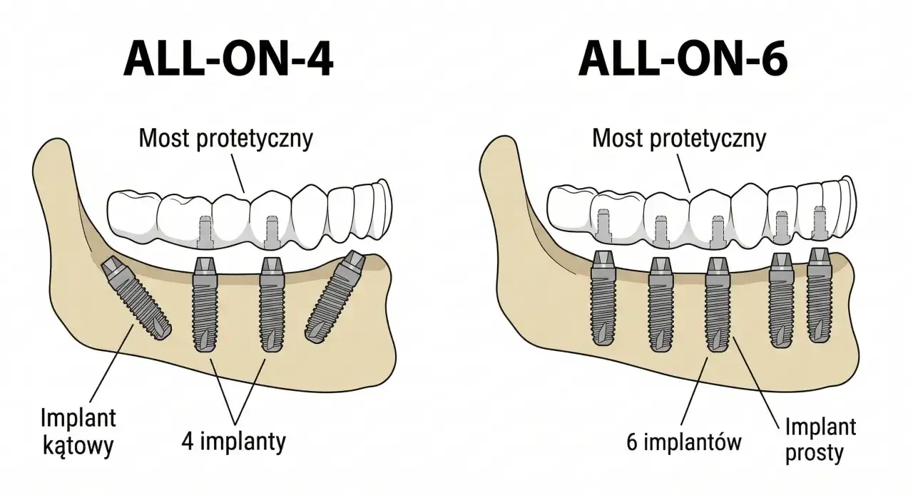 Ilustracja porównuje protezę na implantach ALL-ON-4 i ALL-ON-6. Proteza na implantach NFZ to rozwiązanie dla pełnego łuku zębowego.