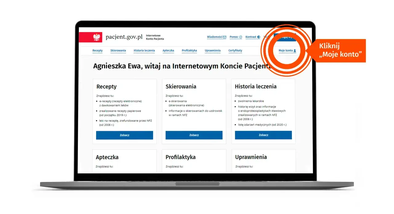Na ekranie laptopa widoczny jest portal pacjent.gov.pl. Aby sprawdzić, jak sprawdzić czy mam ubezpieczenie zdrowotne, kliknij 