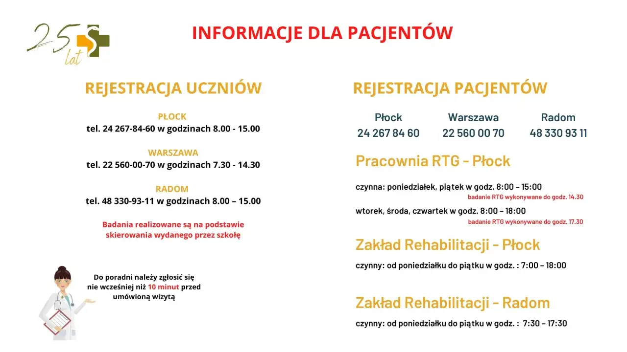 Lekarz medycyny pracy dla uczniów w Warszawie i Radomiu. NFZ. Informacje o rejestracji i godzinach otwarcia placówek.