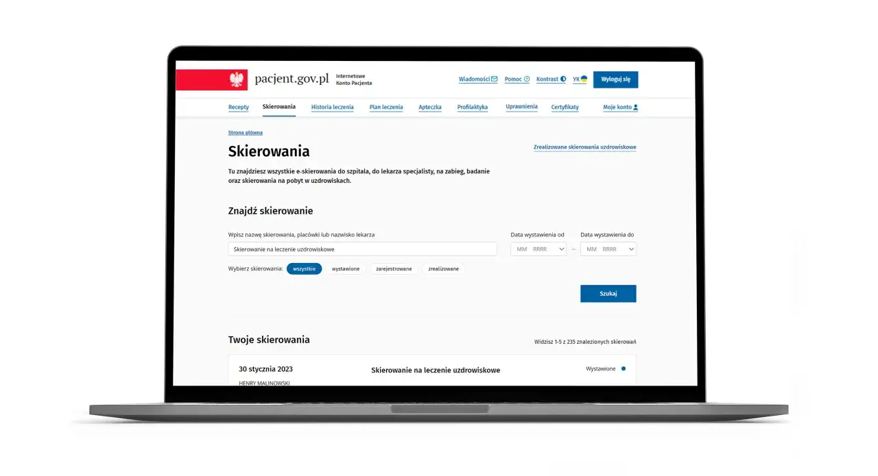 Strona pacjent.gov.pl: jak sprawdzić status skierowania do sanatorium NFZ. Widok formularza wyszukiwania i listy skierowań.