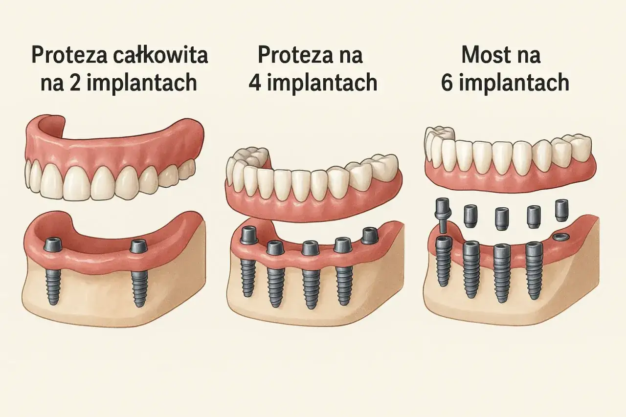 Ilustracja pokazuje protezy zębowe na implantach: całkowitą na 2, na 4 i most na 6 implantach. Rozwiązania te mogą być refundowane przez NFZ.