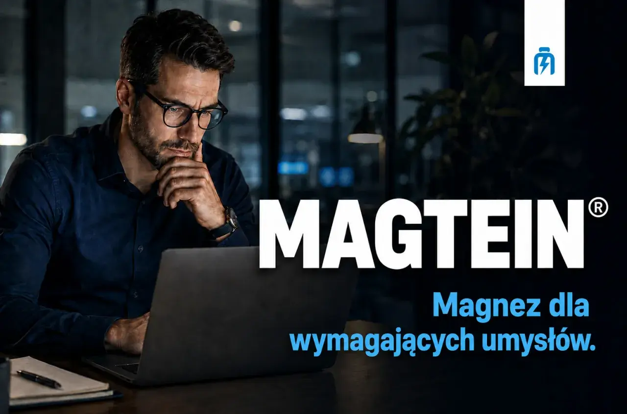 Mężczyzna w okularach pracuje przy laptopie. Napis MAGTEIN: Magnez dla wymagających umysłów.
