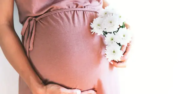Brzuszek w różowej sukience, ozdobiony białymi kwiatami. Marzenie o dziecku, jak po clostilbegyt, staje się rzeczywistością.