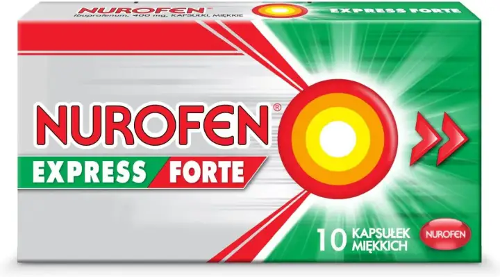 Opakowanie Nurofen Express Forte, 10 kapsułek miękkich. Szybka ulga w bólu.
