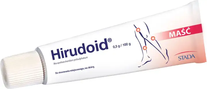 Maść Hirudoid na skórę, z grafiką nóg i zaznaczonymi miejscami aplikacji.